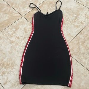 Cotton short black dress with side of red and white